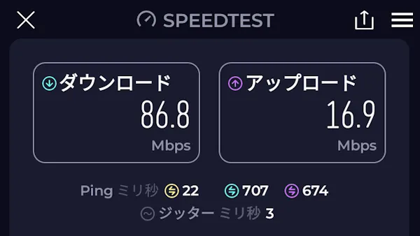 WiMAX 速度測定結果 5G回線 夕方6時台 Speed Wi-Fi DOCK 5G 01 測定場所1