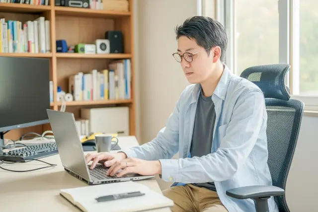 自宅の部屋でノートPCを使って仕事をしている場面